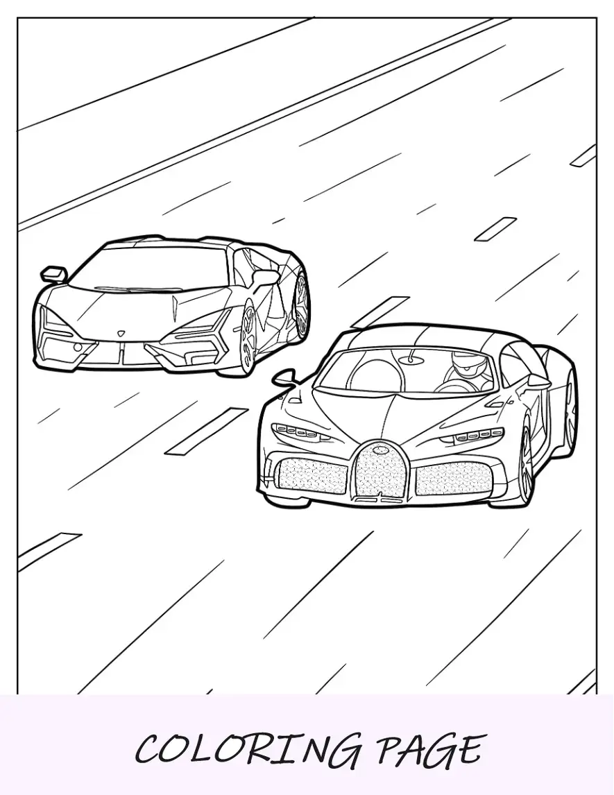 Página para colorir Lamborghini Revuelto vs Bugatti