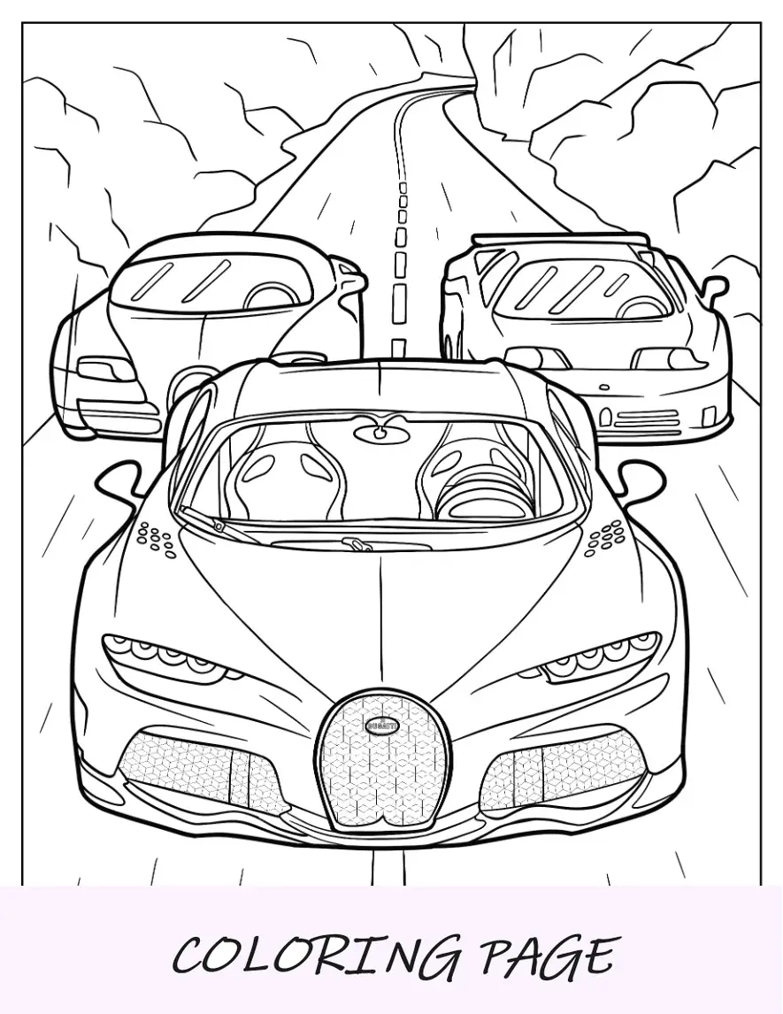 Desenho para colorir de três Bugatti Chiron na estrada