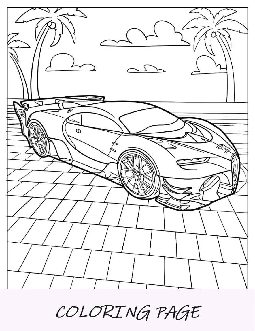 Página para colorir Bugatti Visão Gran Turismo na praia