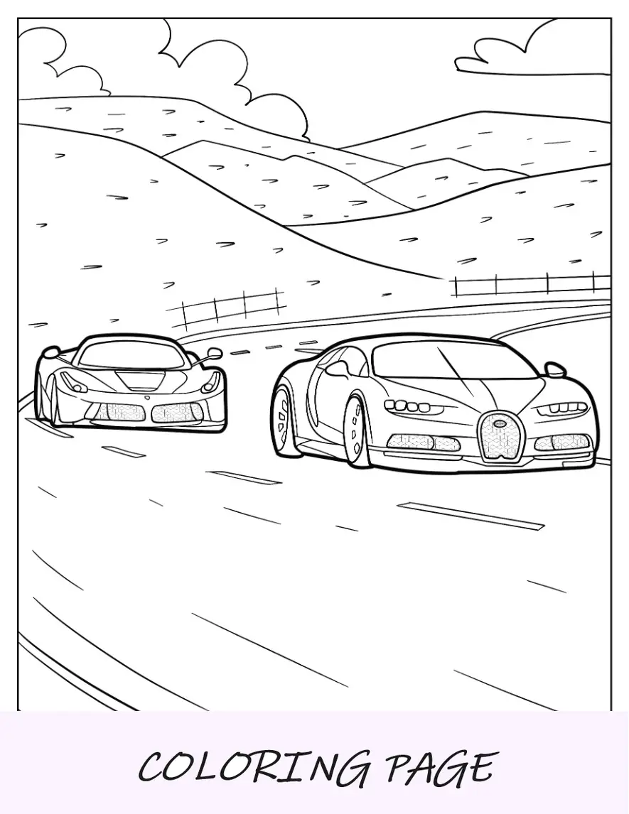 Bugatti para colorir Chiron na pista de corrida