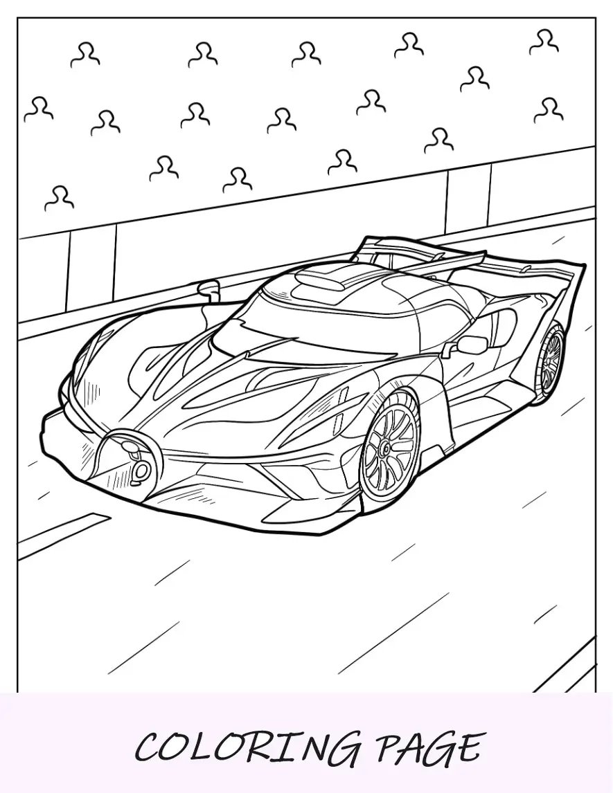 Página para colorir Bugatti Bólido na pista de corrida