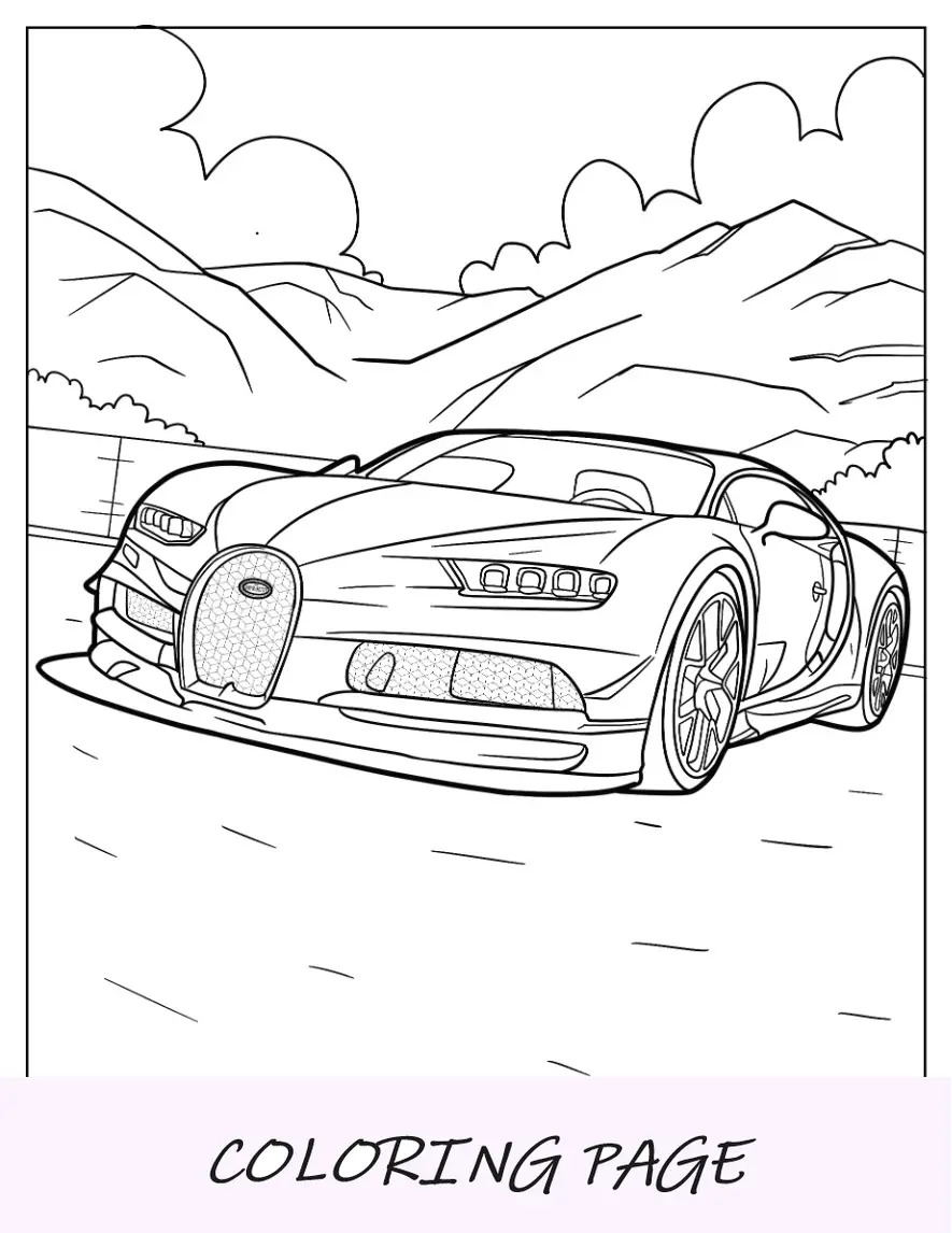 Close up da página para colorir Bugatti Chiron com montanhas ao fundo