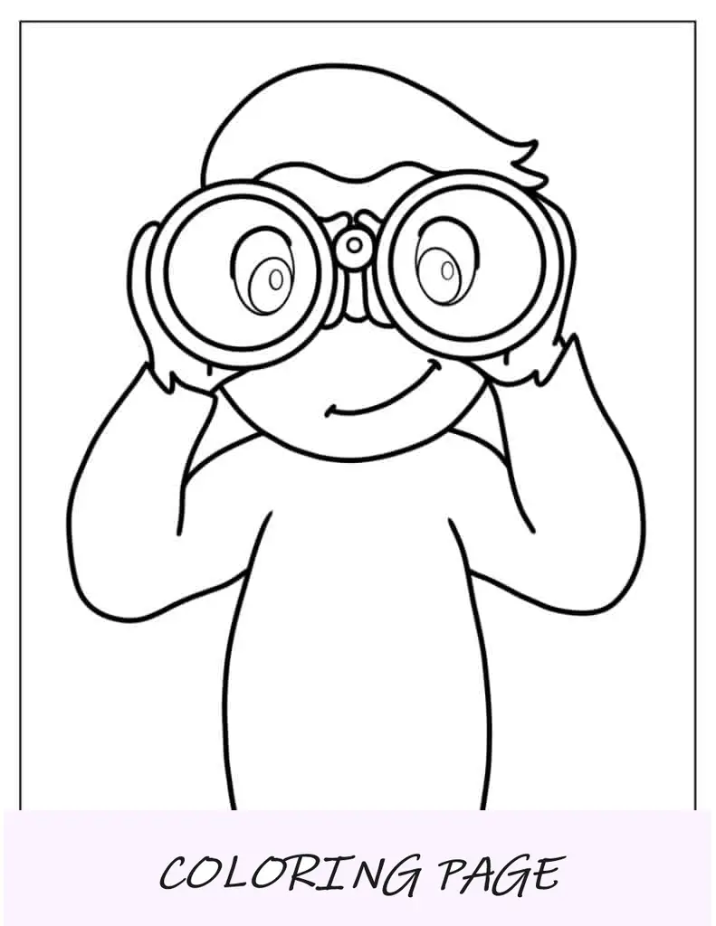 Página para colorir do curioso George olhando através de binóculos