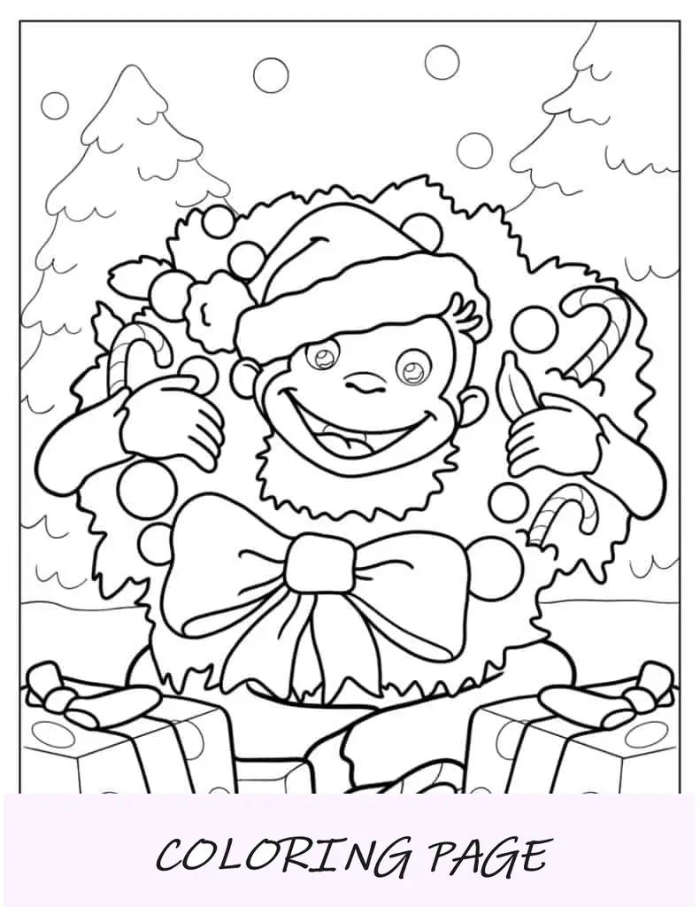 George curioso com tema de Natal para colorir
