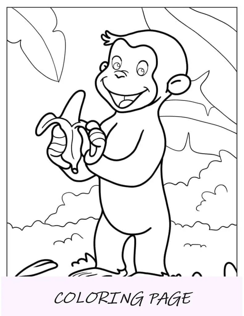 Curioso George comendo uma banana para colorir