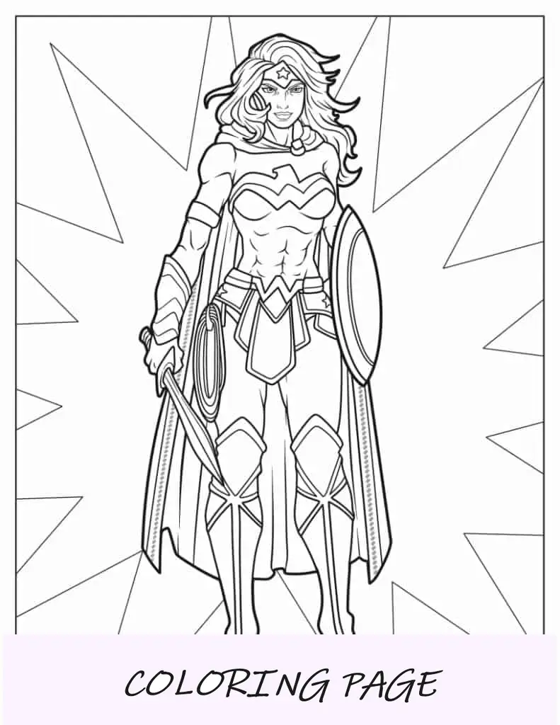 Mujer Maravilla sosteniendo espada y escudo