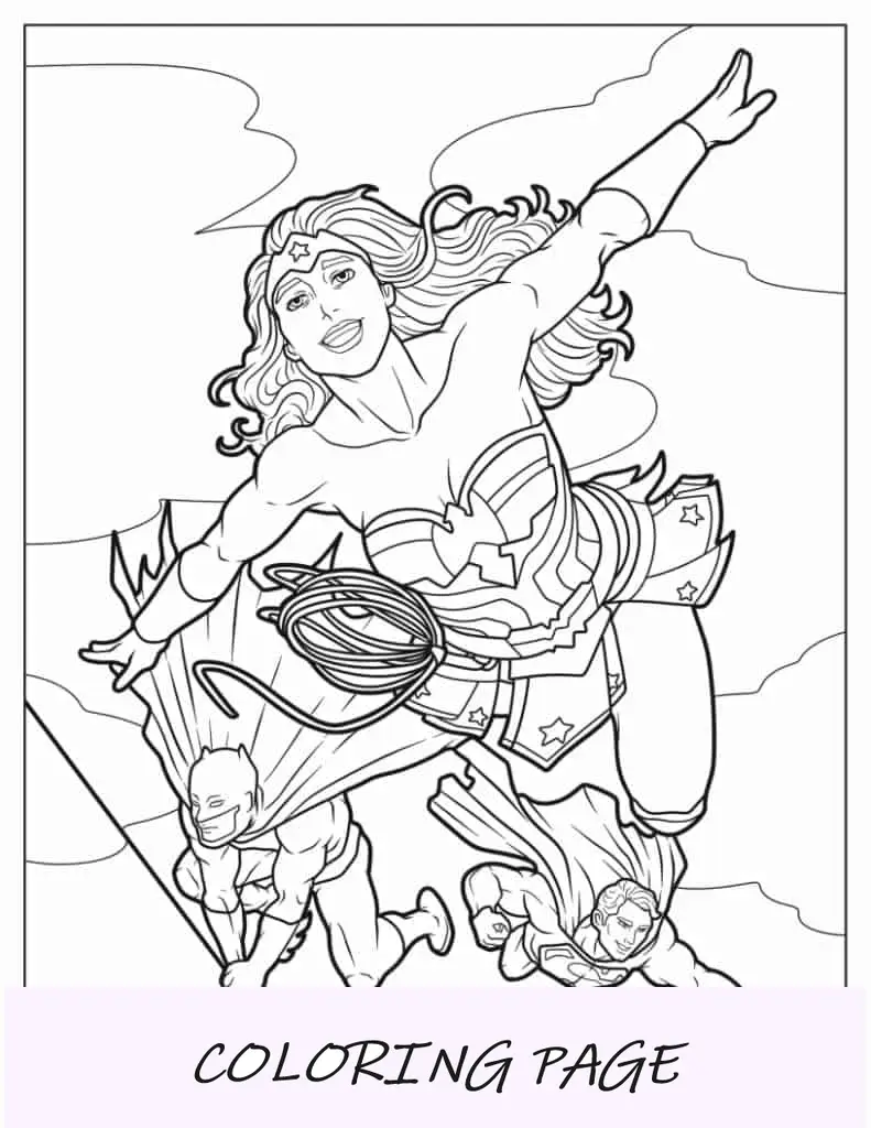 Hoja para colorear de Wonder Woman con Superman y Batman