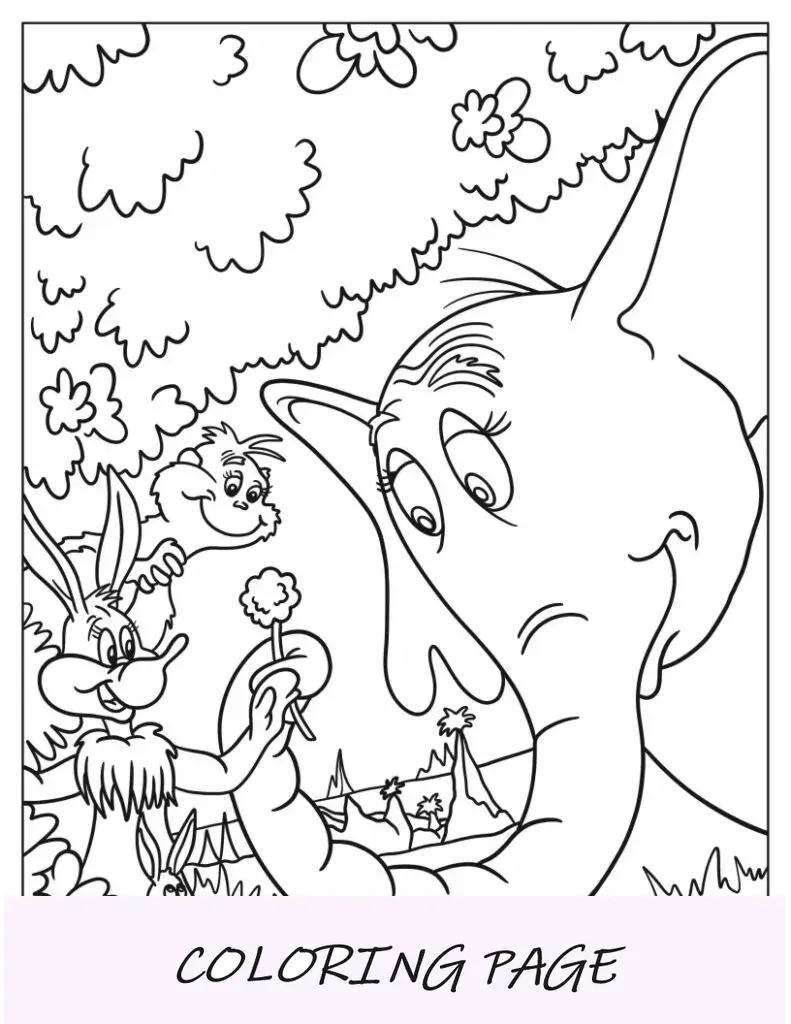 Dr. Seuss Página para colorear de Horton y Jane, el canguro sosteniendo un trébol