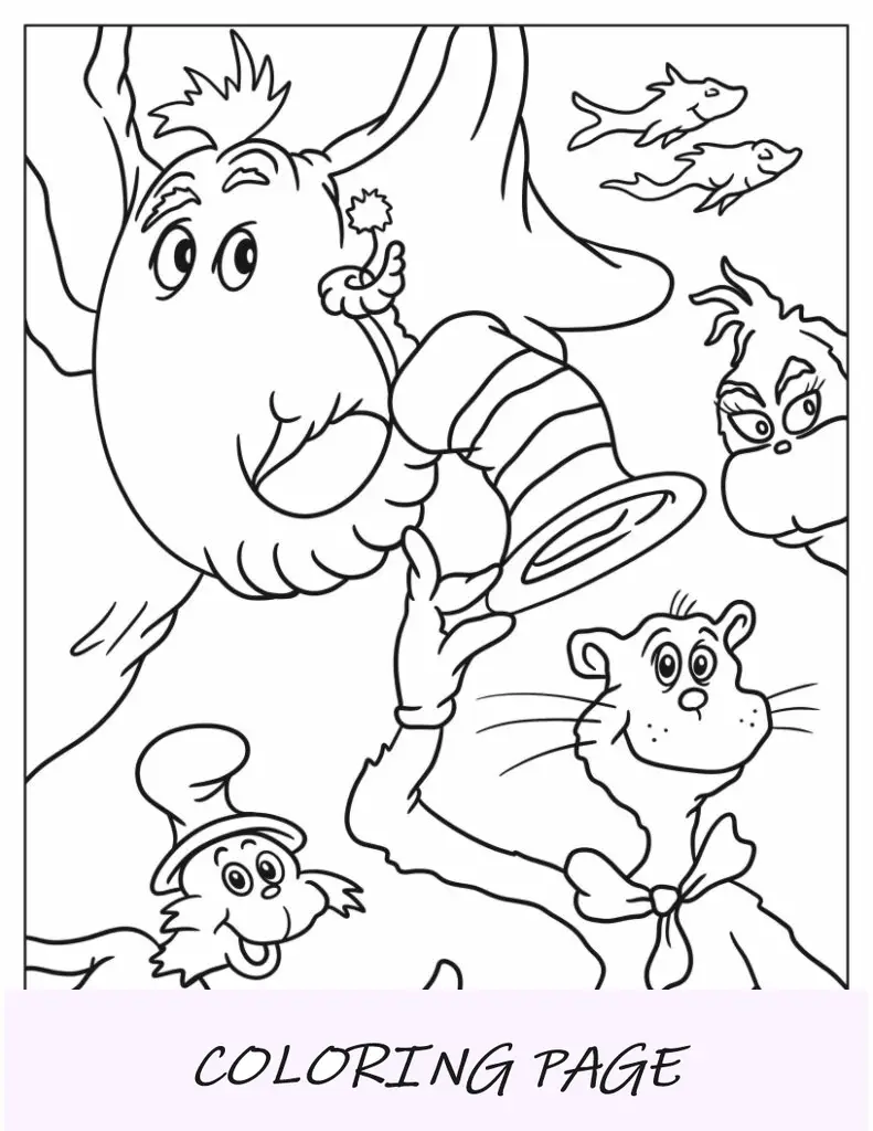 Página para colorear del Dr. Seuss de Grinch, El gato con sombrero, Horton y Sam-I-Am