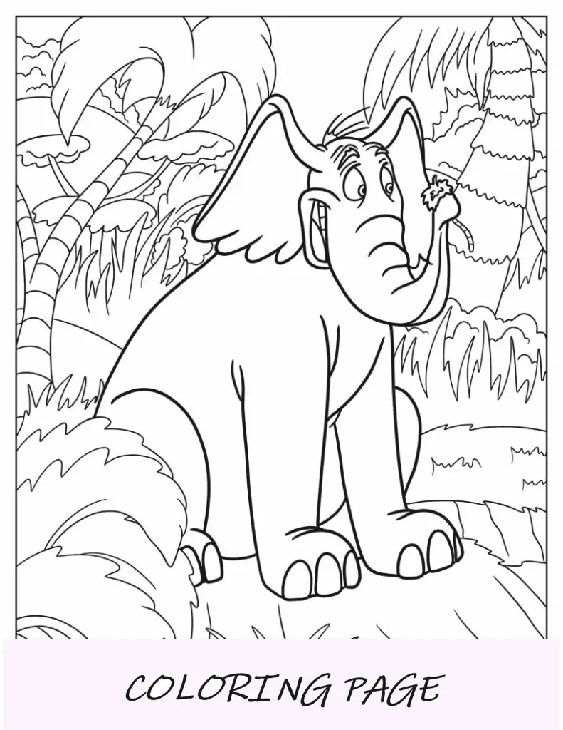 Dr. Seuss Página para colorear de Dr. Seuss Horton El elefante sosteniendo un diente de león