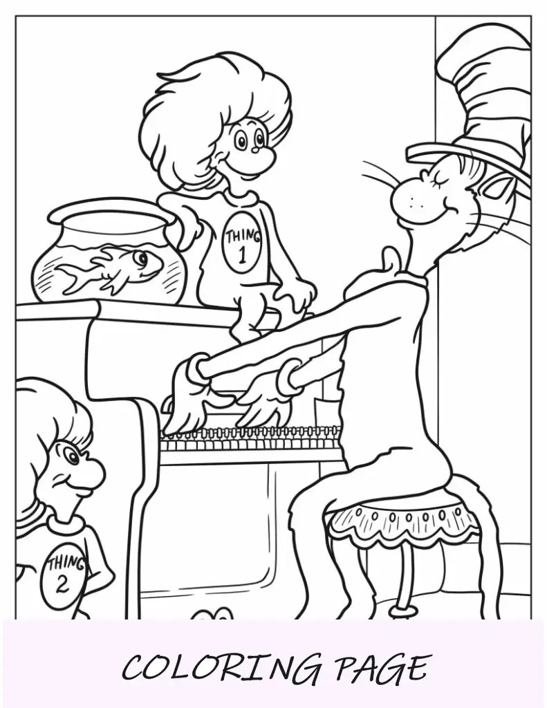 Página para colorear del Dr. Seuss del gato con sombrero tocando el piano para el pez, la cosa uno y la cosa dos
