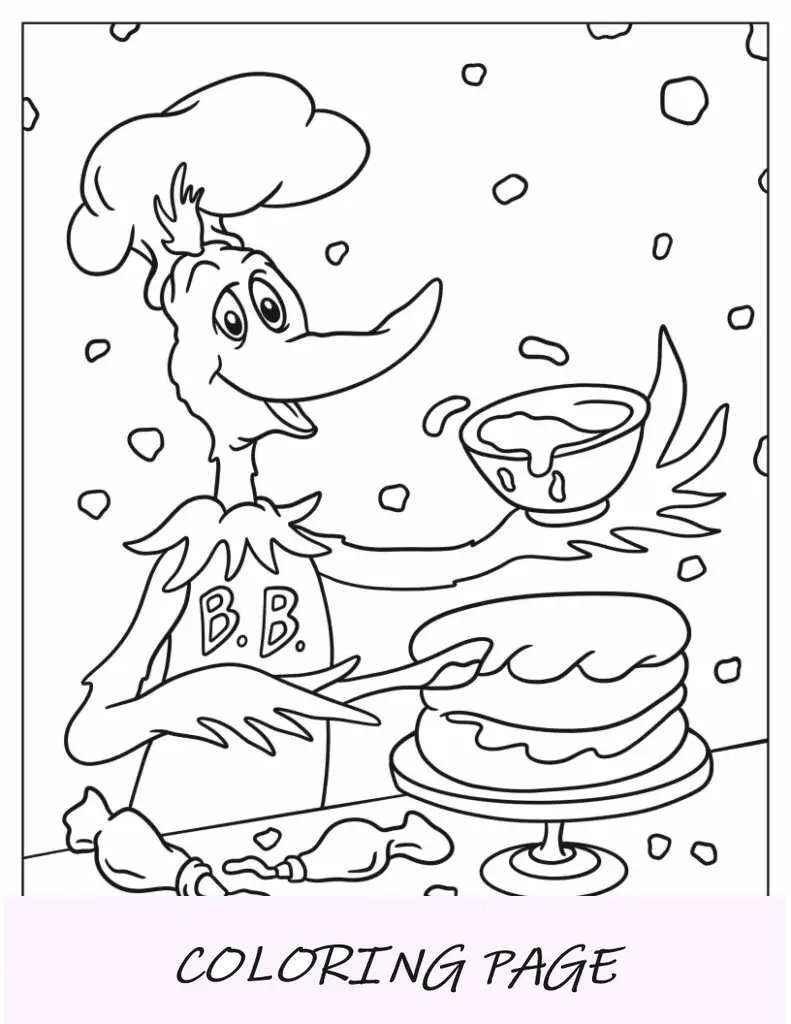 Dr. Seuss Página para colorear de Cocinar con el pájaro del cumpleaños