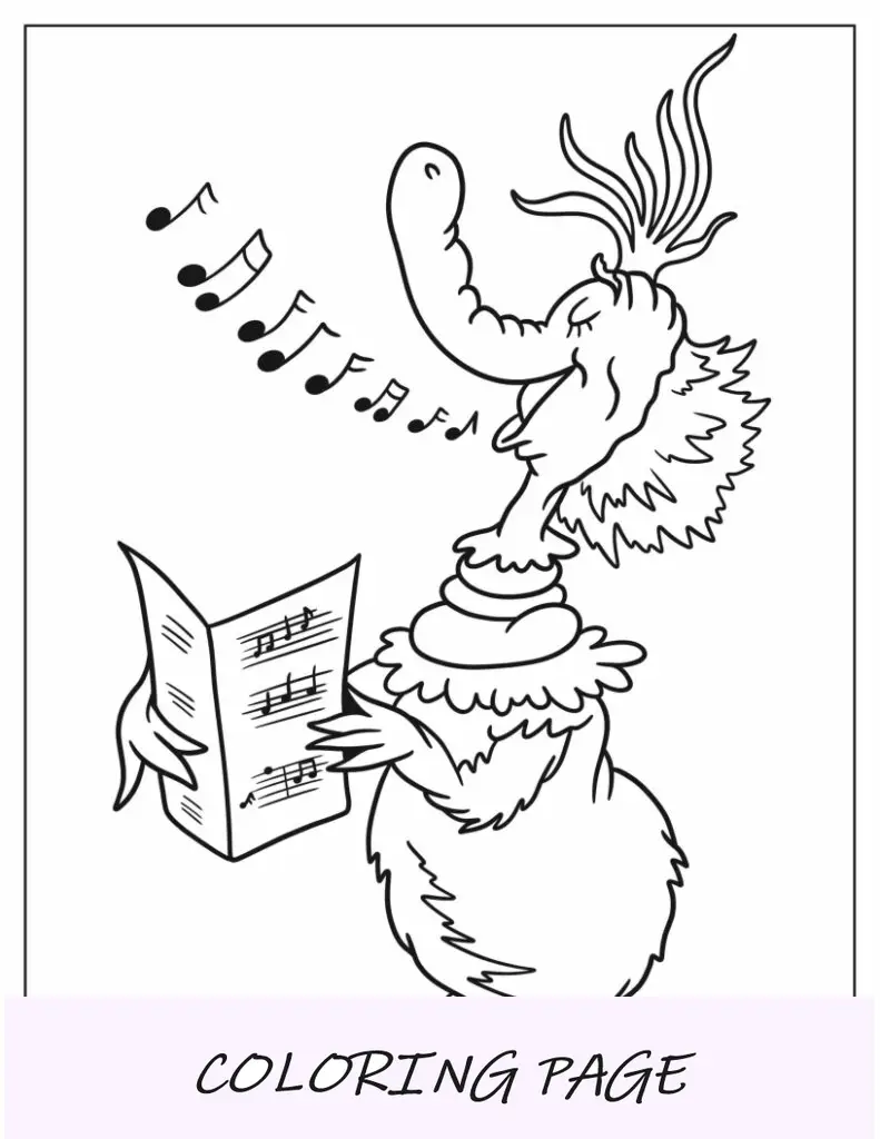 Dr. Seuss Página para colorear de La cosa que canta sosteniendo la partitura