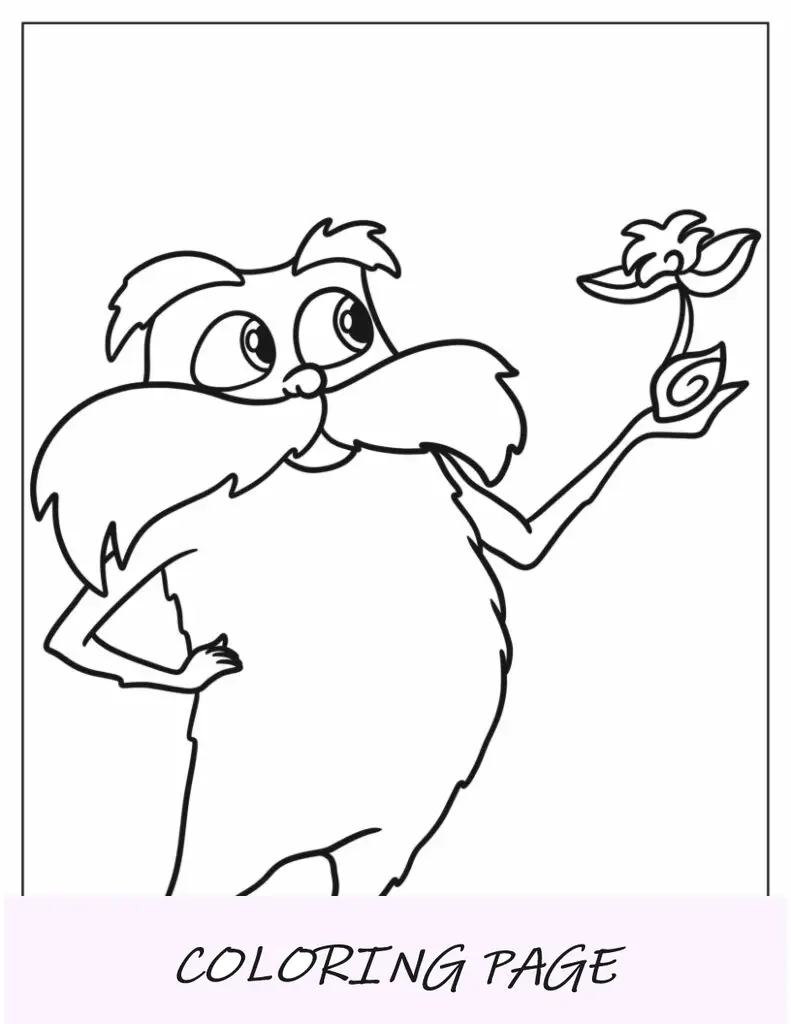 Página sencilla para colorear del Dr. Seuss de Lorax con una semilla para niños en edad preescolar