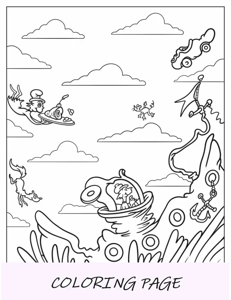 Página para colorear del Dr. Seuss de Sam-Yo-Soy y Guy-Estoy en el mar