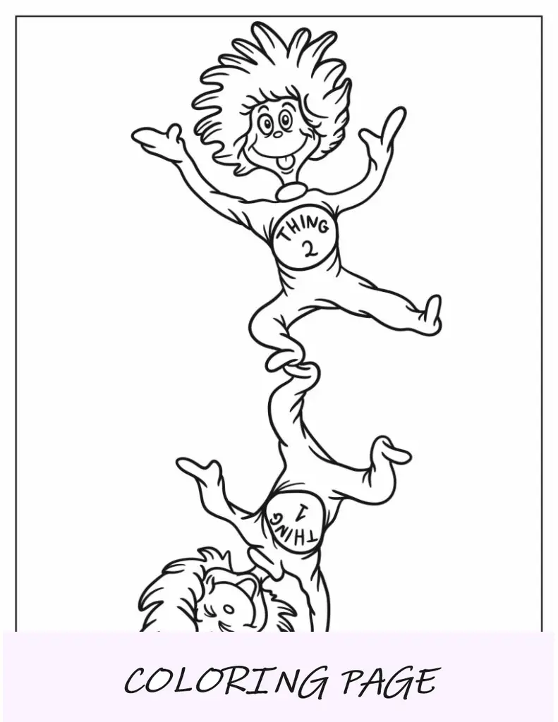 Dr. Seuss Página para colorear de Kawaii Cosa uno y Cosa dos para niños en edad preescolar