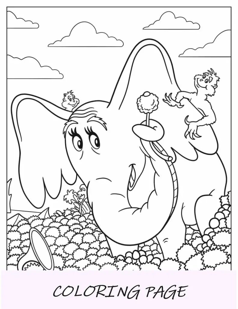 Dibujo para colorear del Dr. Seuss de Horton escucha a quien