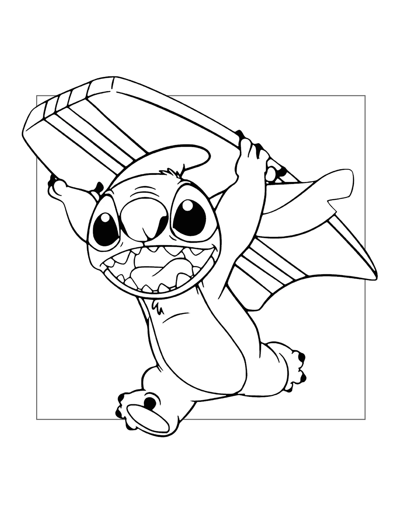 Stitch Runs To The Beach With His Surfboard Coloring Page