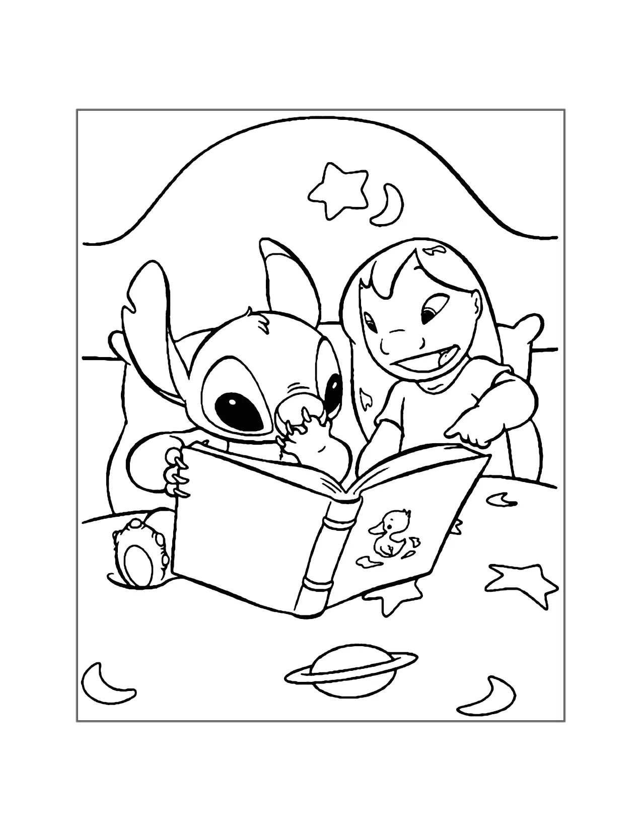 Lilo And Stitch Read Bedtime Stories Coloring Page