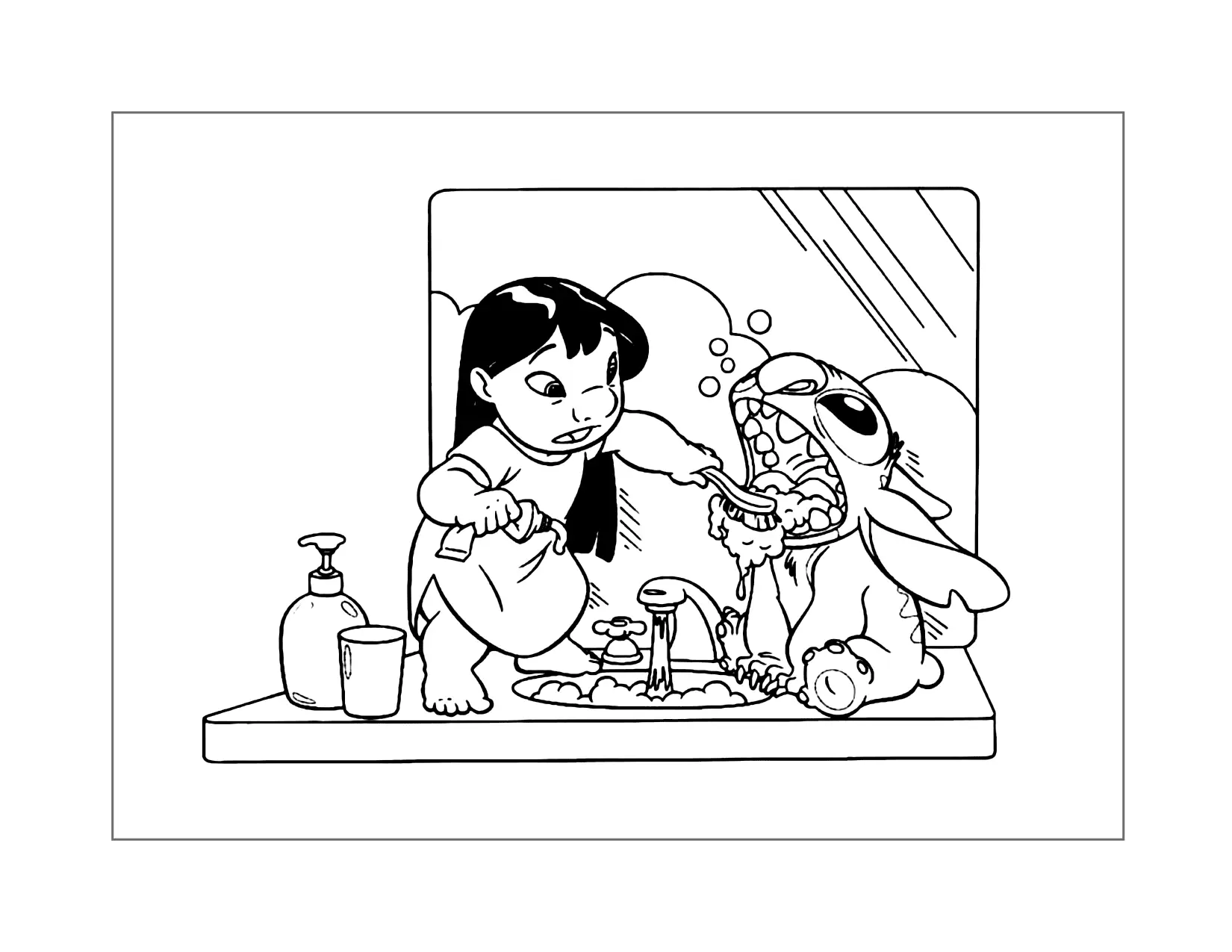 Lilo Brushes Stitches Teeth Coloring Page