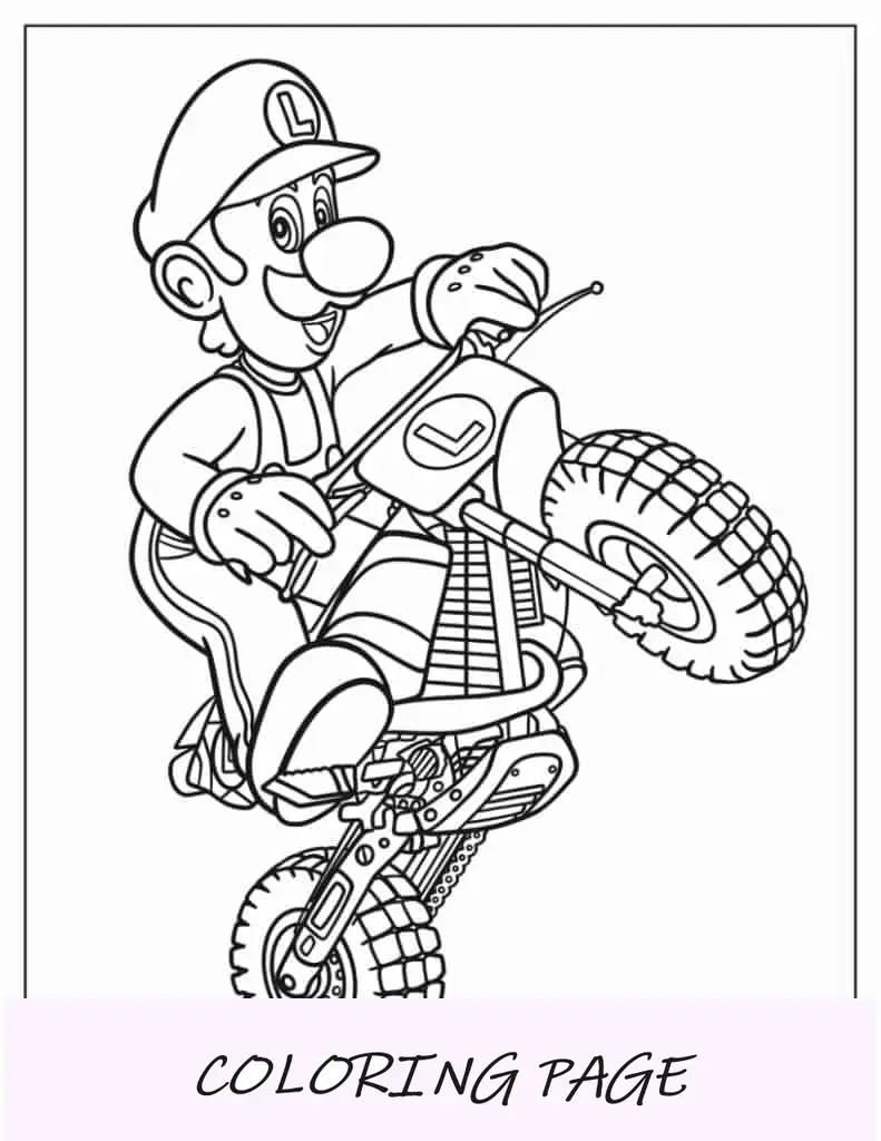 Pagina da colorare di Luigi in moto da Mario Kart