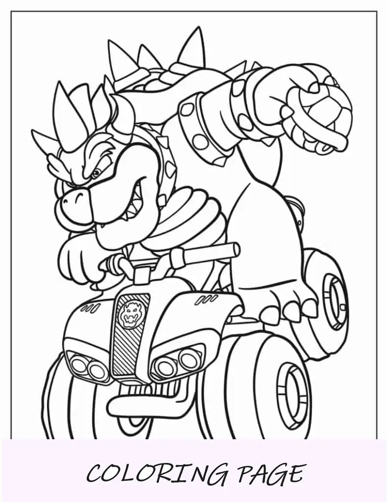 Pagina da colorare dettagliata di Bowser di Mario Kart
