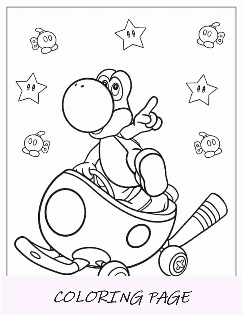 Simpatico Yoshi Racing in Mario Kart da colorare