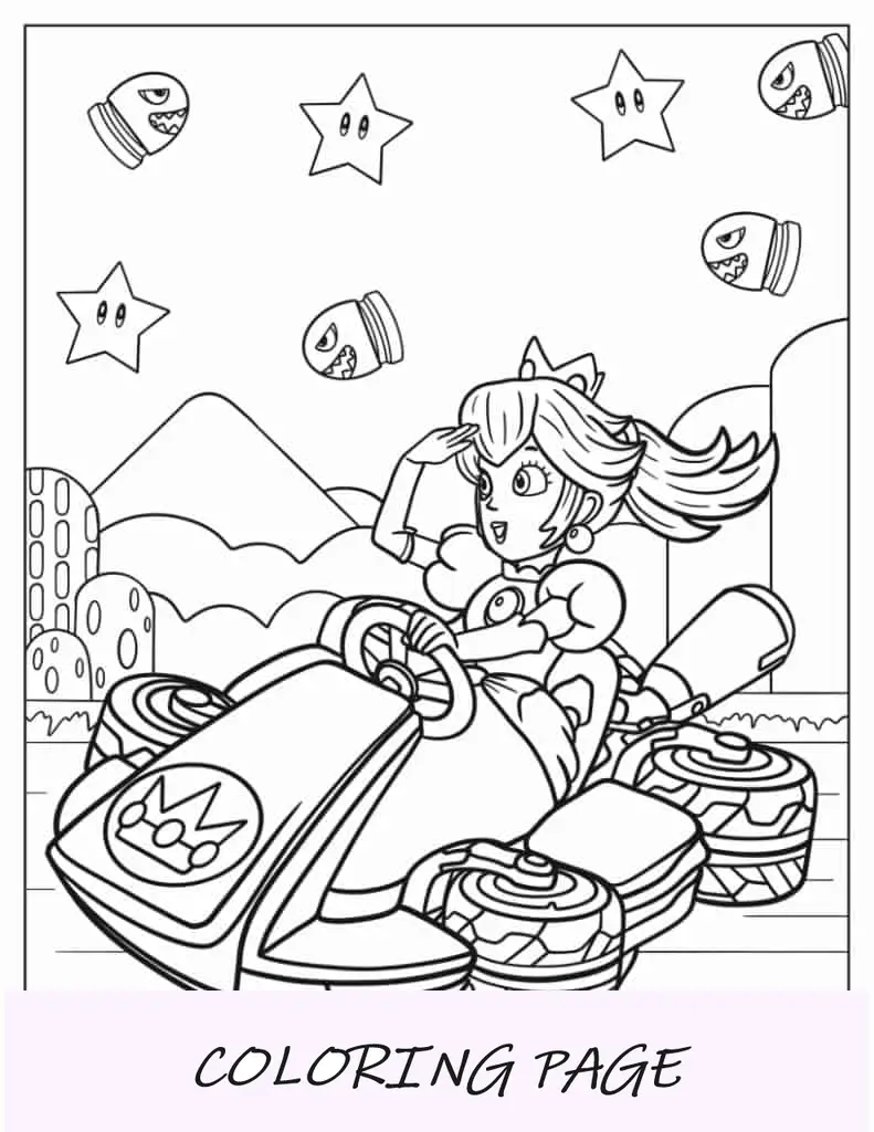 La principessa Peach guida nel foglio da colorare di Mario Kart