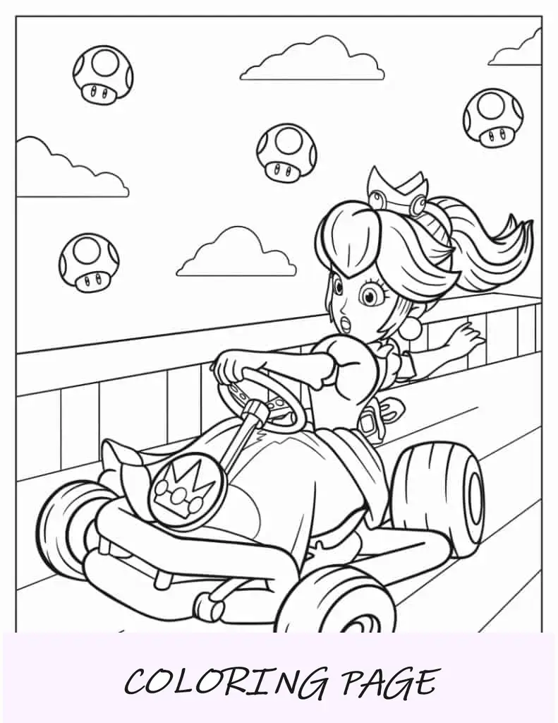 Pagina da colorare della principessa Peach di Mario Kart