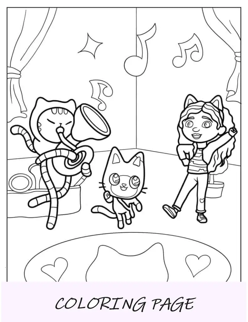 Desenho de Gabby dançando com Pandy e DJ Catnip para colorir