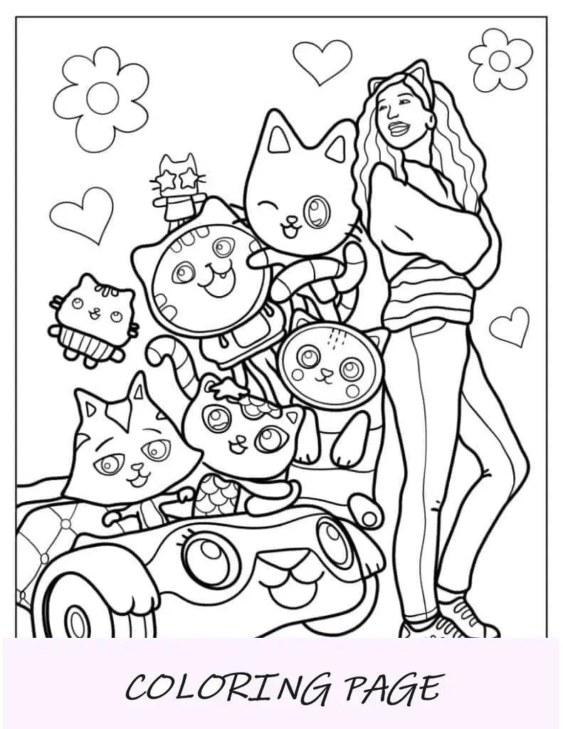 Folha para colorir de Gabby realista com amigos de casa de bonecas