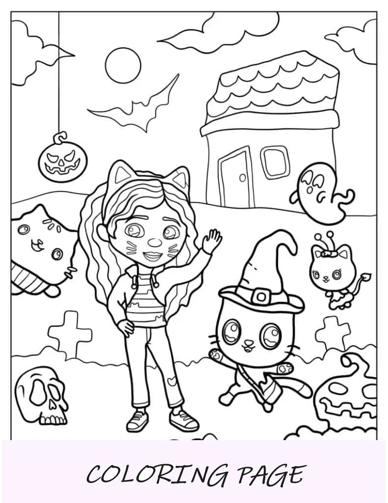 Folha para colorir da casa de bonecas Gabby_s com tema de Halloween