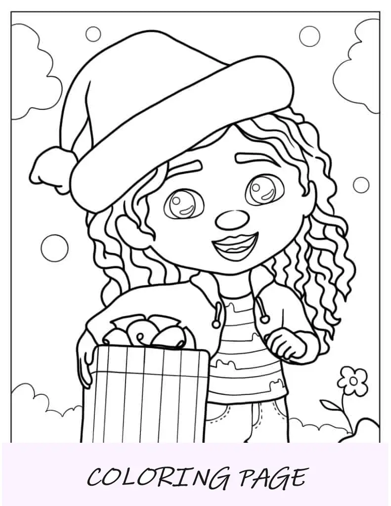 Página para colorir de Gabby segurando o presente de Natal