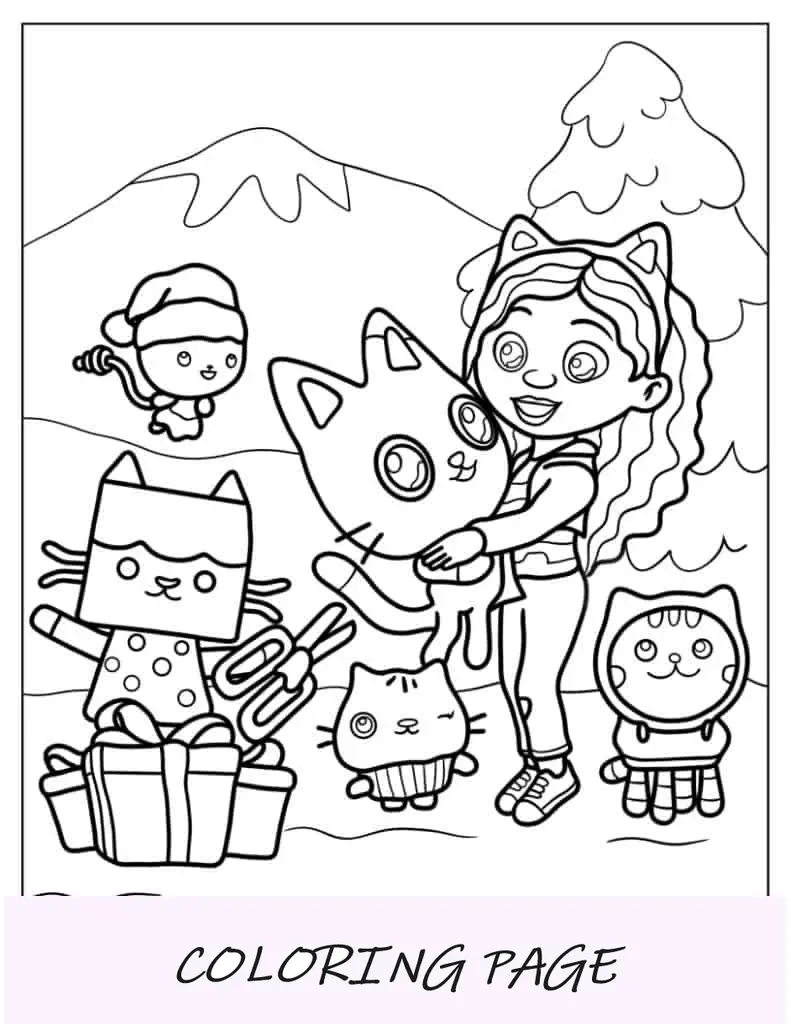 Página para colorir da casa de bonecas Gabby_s com tema natalino