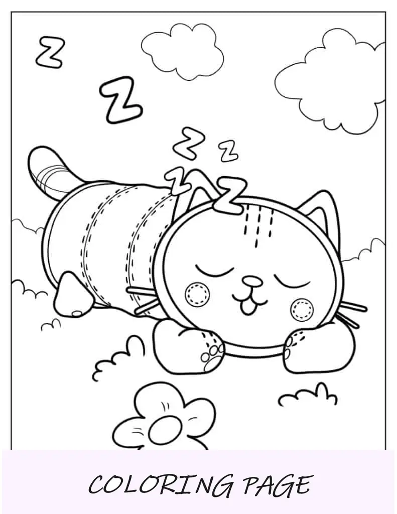 Página para colorir de travesseiro de gato dormindo