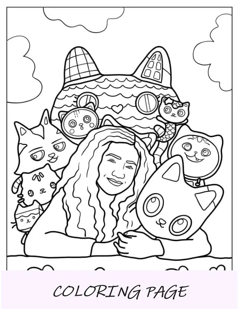 Página para colorir realista de Gabby com amigos gatos de desenho animado