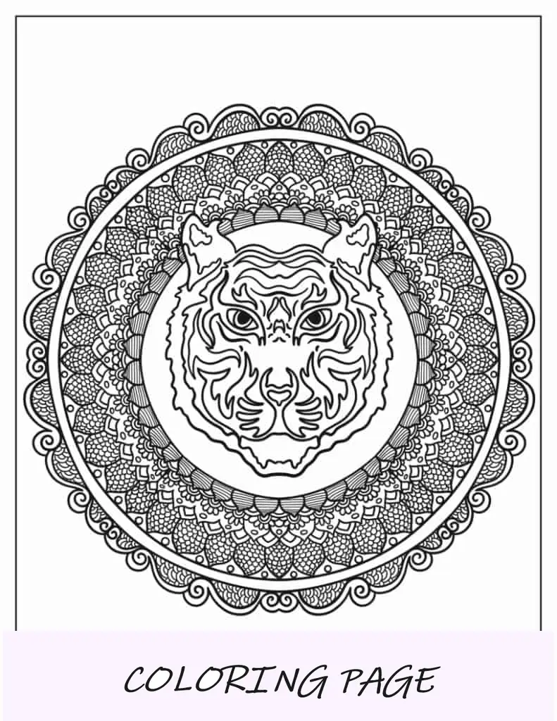 Hoja para colorear intrincada mandala de tigre