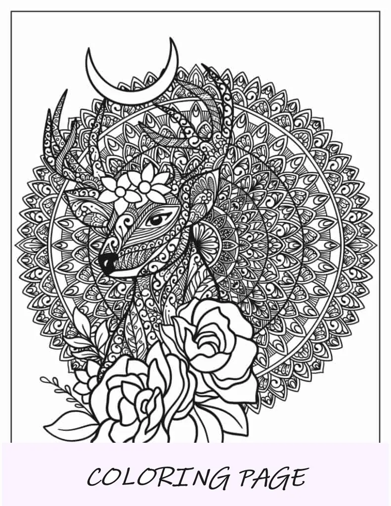 Página para colorear compleja de mandala de ciervo para adultos