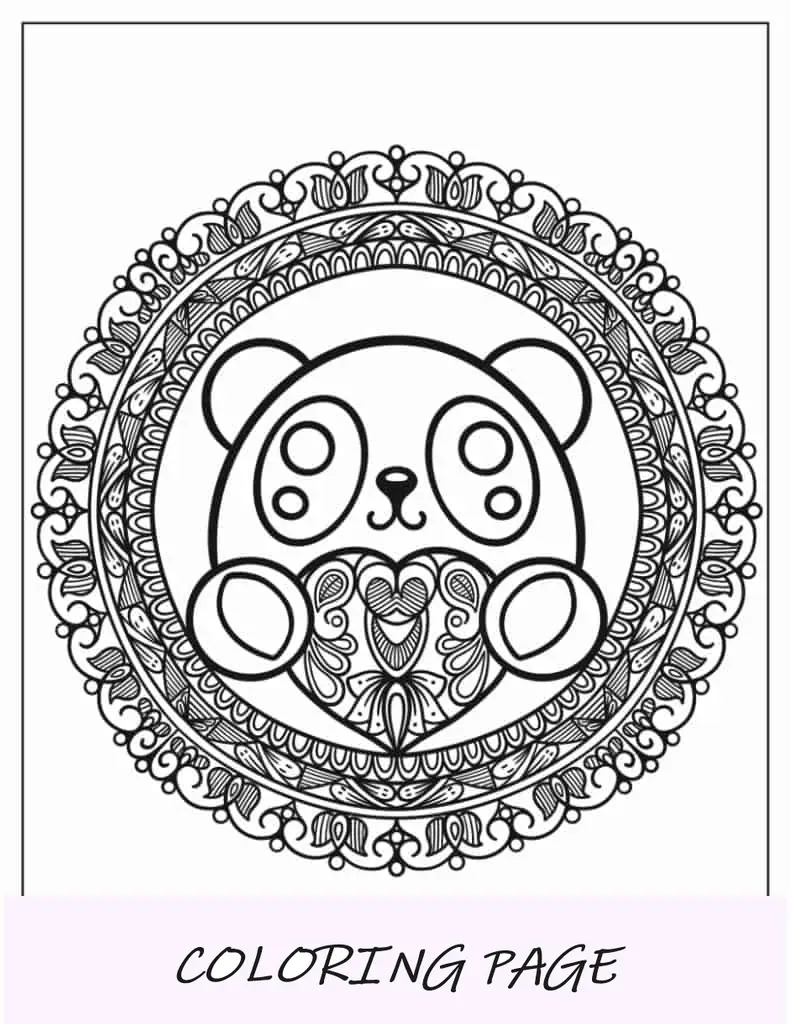 Hoja para colorear de un panda sosteniendo un corazón dentro de un mandala