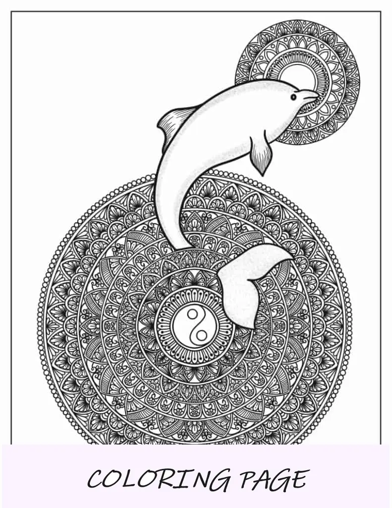 Página para colorear de un delfín saltando de un mandala