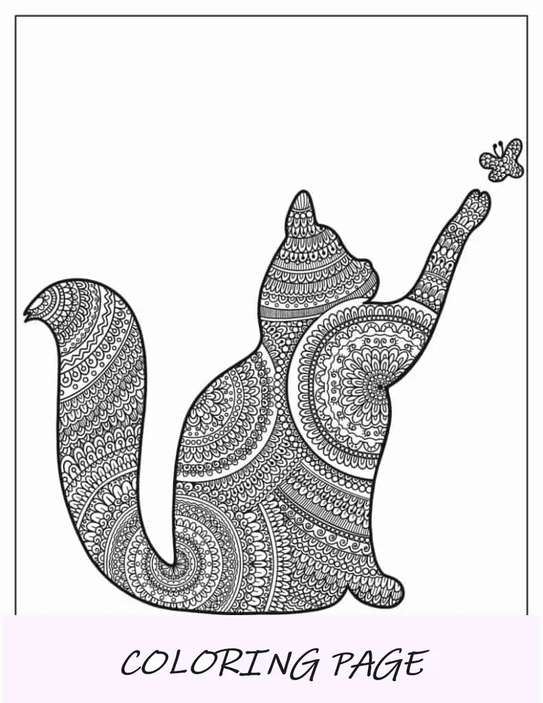 Mandala en forma de gato alcanzando una mariposa