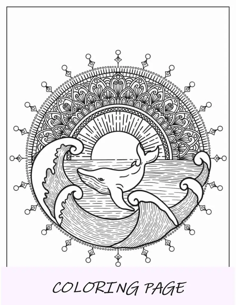Hoja para colorear de mandala artística de ballena en el océano