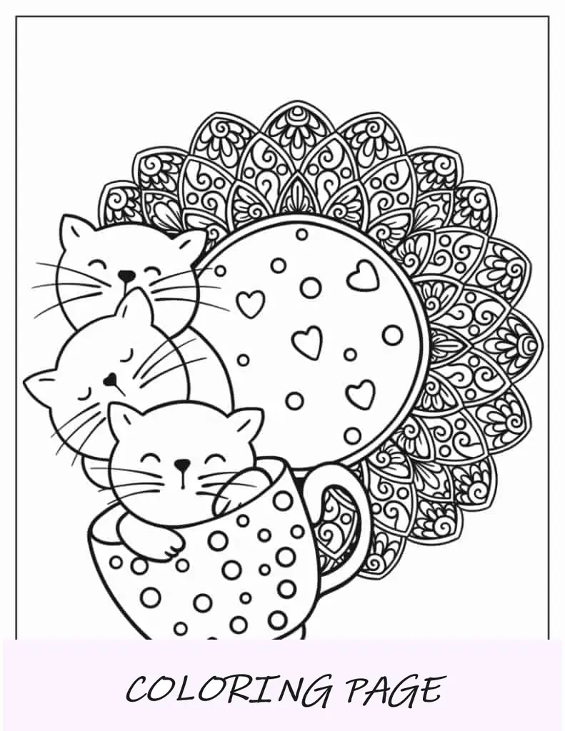 Tres gatitos en una taza de té Mandala Página para colorear