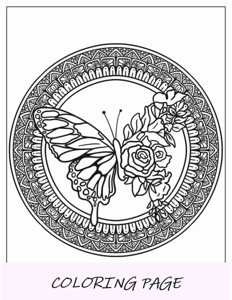 Hoja para colorear de mandala de mariposa realista