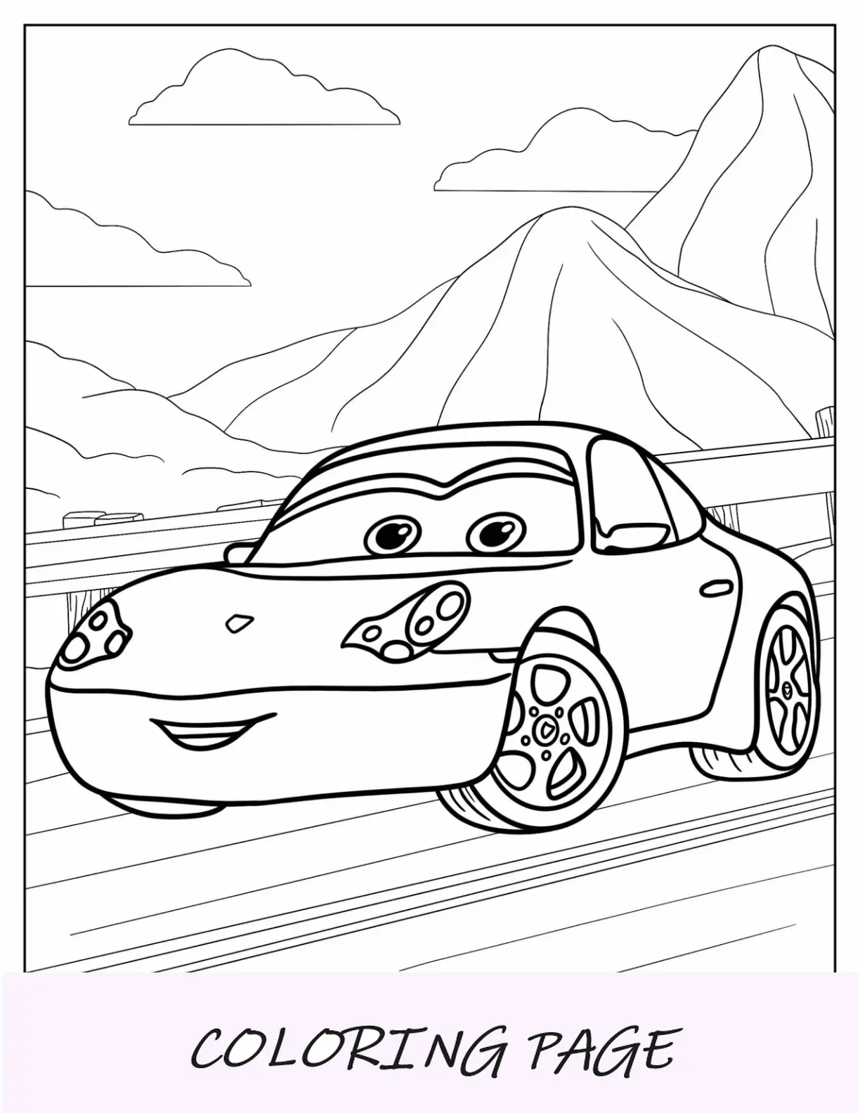 Página para colorear de coches de Simple Sally Carrera para niños