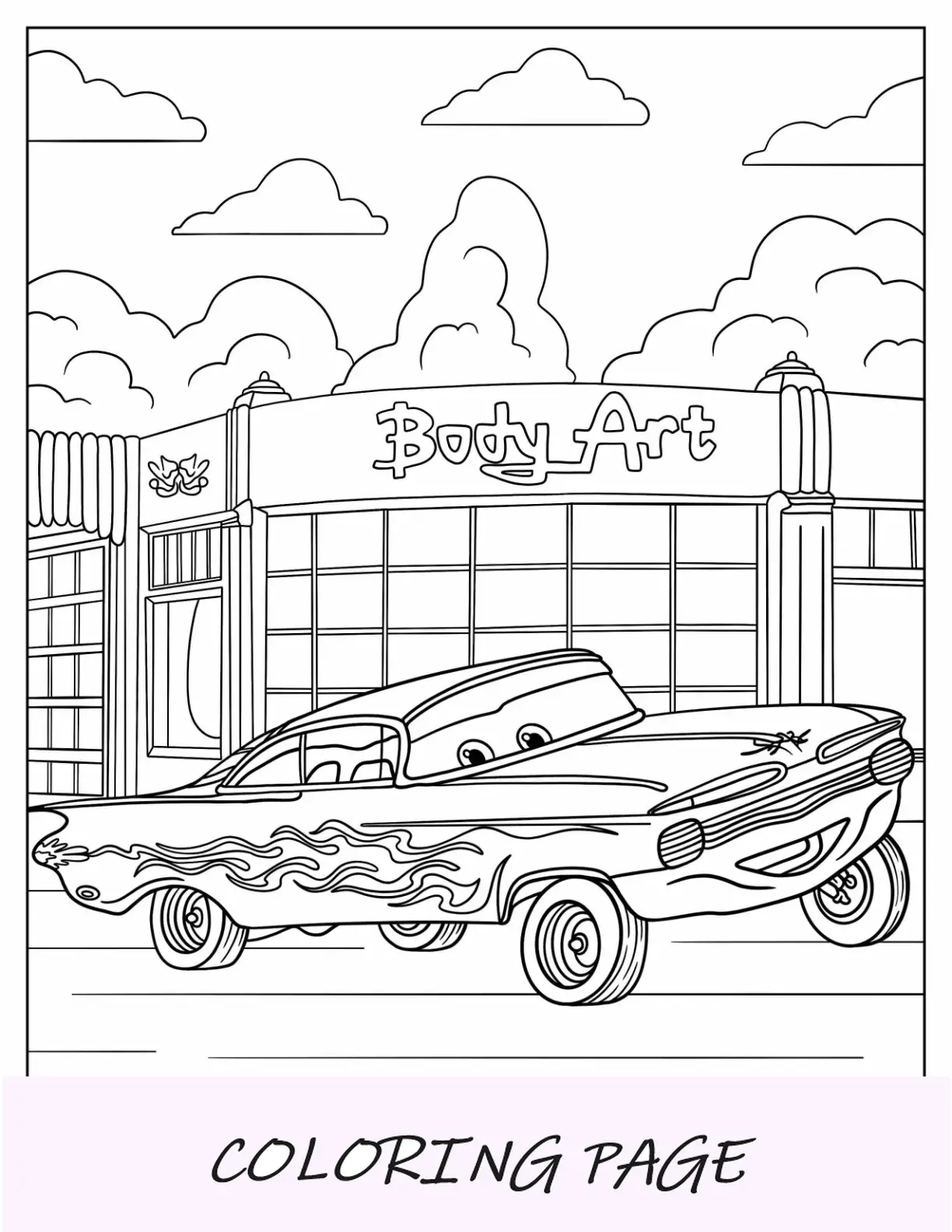 Página para colorear de coches de Ramone frente a la tienda de arte corporal