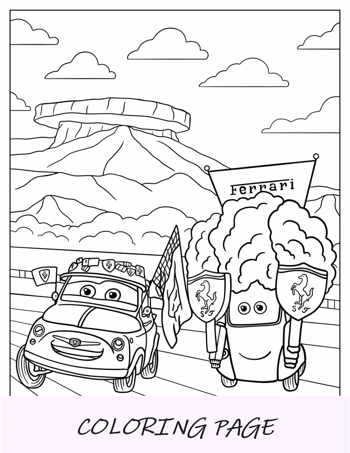 Dibujo para colorear de coches de Luigi y Guido con accesorios de Ferrari