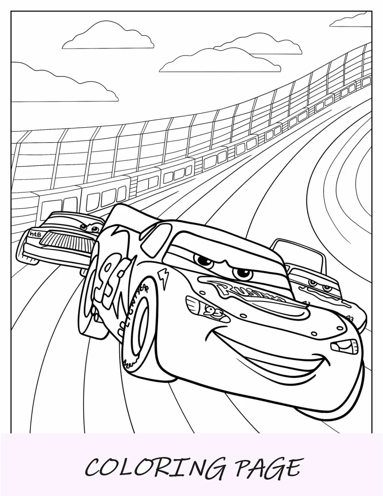 Dibujo para colorear de Cars de Rayo McQueen liderando la carrera