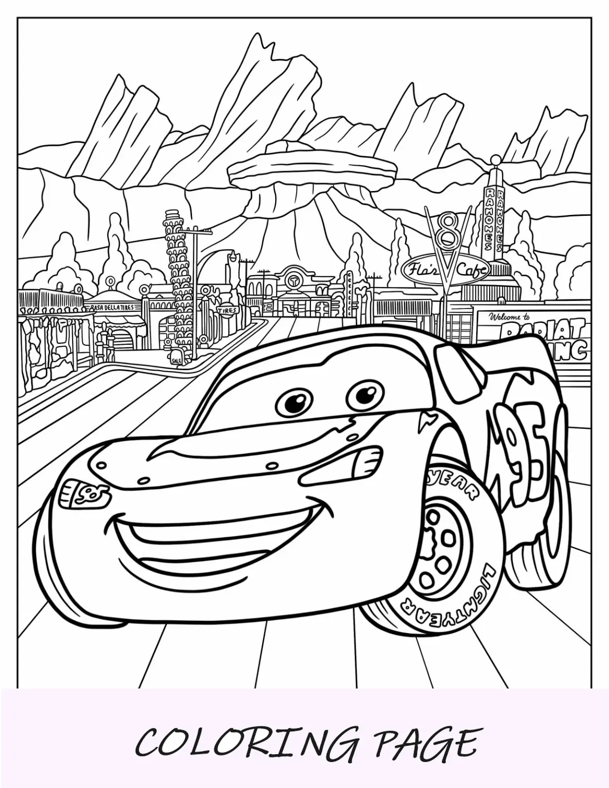 Dibujo para colorear de Cars de Rayo McQueen en Radiator Springs