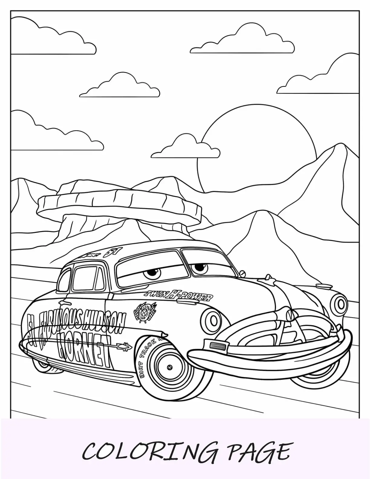 Coches Dibujo para colorear de Doc Hudson en el desierto